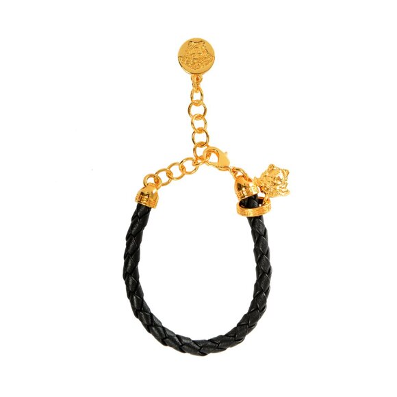 Versace Black Braided Leather Gold Color Medusa Head Charm Adjustable Bracelet - Picture 2 of 4